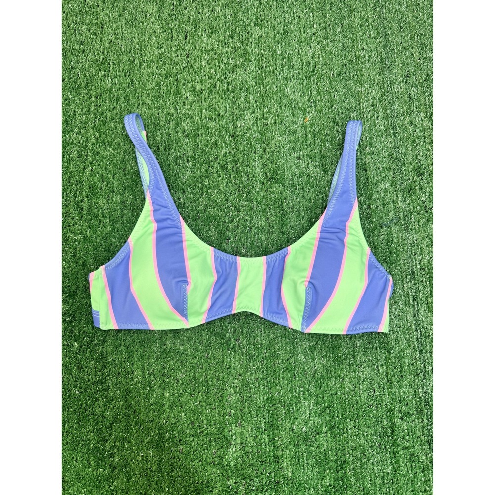 NWT Fabletics Low‎ Scoop Striped Green Blue Swim Top Womens Size Medium